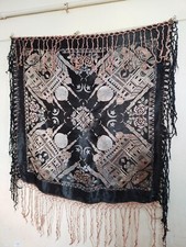 vintage taj mahal piano silk satin shawl fringes black scarf WWII item1374