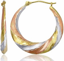 Graduated Diamond Cut Twisted Swirl Round Hoop Earrings REAL 14K Tri-Color Gold