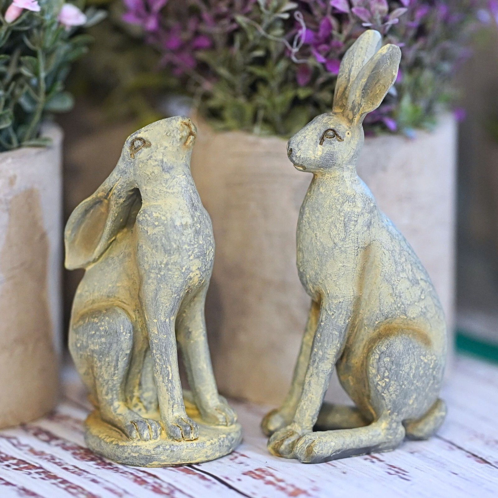 B&Q - Pair Of Hare Resin Statues In Grey Bunny Rabbit Set Home Ornament Indoor - Image 2