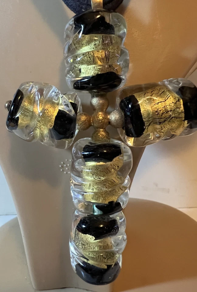 HILLARY LONDON MAJOR RUNWAY PIECE LARGE CROSS GLASS ONYX GOLD FREE SHIPPING - Image 2 of 4