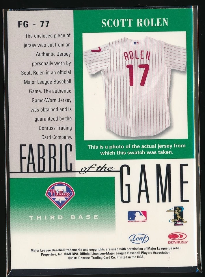 Scott Rolen 2001 Leaf Certified Fabric of the Game Star Materials Patch - Image 2 of 2