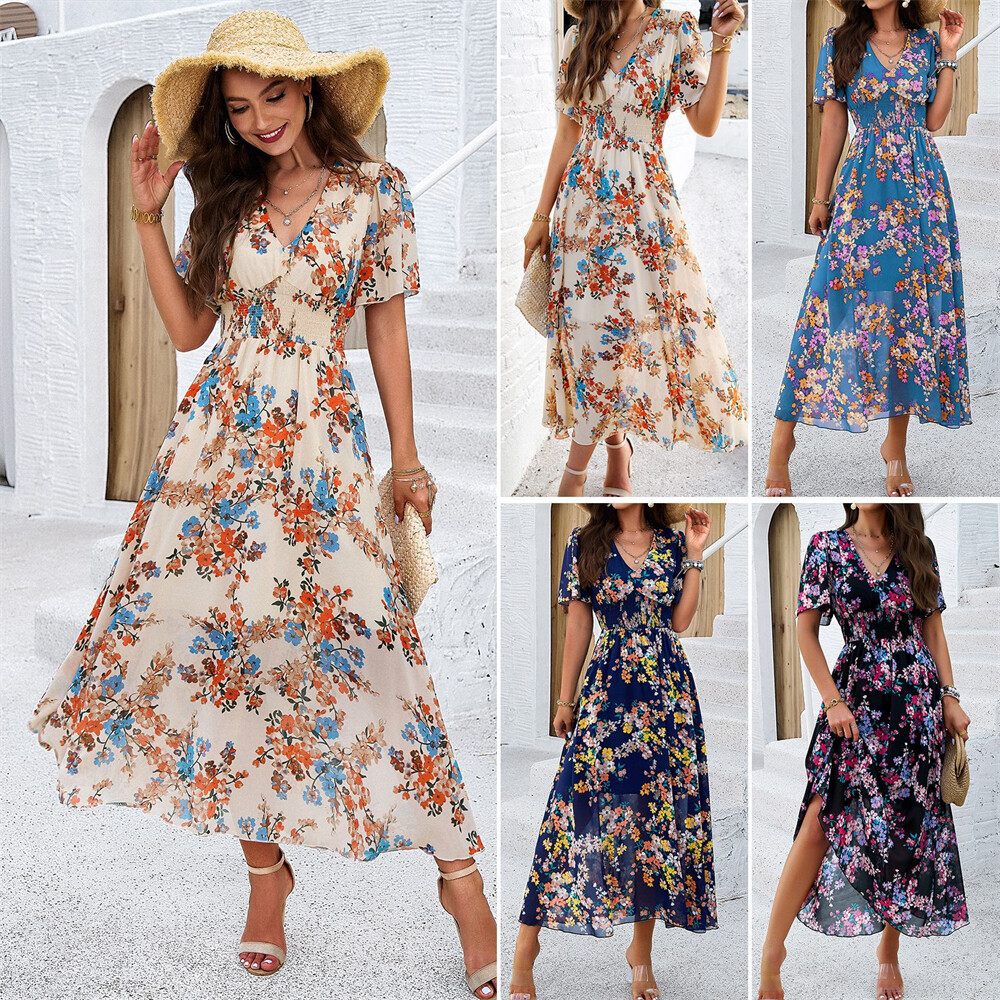 Womens Summer Flowy Floral Dress Casual Short Sleeve V Neck Swing Long Dress | eBay Womens Summer Flowy Floral Dress Casual Short Sleeve V Neck Swing Long Dress | eBay