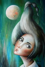 ORIGINAL Oil PAINTING Fantasy ART DREAMY woman & moon portrait POP SURREALISM
