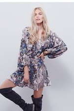 NEW FREE PEOPLE ECRU COMBO HIGH PLAINS DOLMAN SLEEVE PRINTED MINI DRESS SZ L