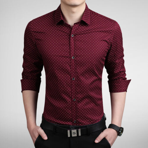 Camicie eleganti uomo maniche lunghe lusso casual senza ferro slim camicie a pois top - Foto 3 di 17