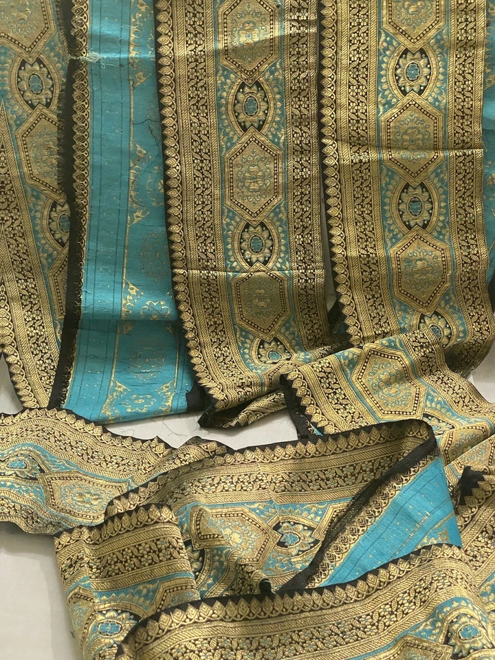 Antigua cinta de brocado de seda azul pesado vintage hecha con hilo de metal 5” x aplicación. 50"" Foto 3 de 4