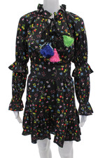 Cynthia Rowley Womens Cotton Floral V-Neck Long Sleeve Mini Dress Black Size XS