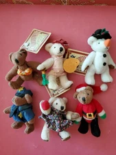 Lot 6 Boyds Russ Berrie Tiny Town Miniature Bears Artist, Teacher, Police, Santa