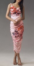 BHLDN Callie Sleeveless Ruched Printed Charmeuse Pink Midi Dress Size Large