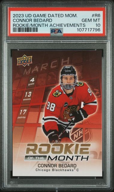 2023 UD Game Dated Moments Rookie of the Month Ach Nov Connor Bedard ROY PSA 10