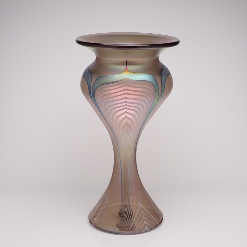 Vintage Art Glass Abelman Studio Iridescent Favrille Pulled Feather Vase Signed 
