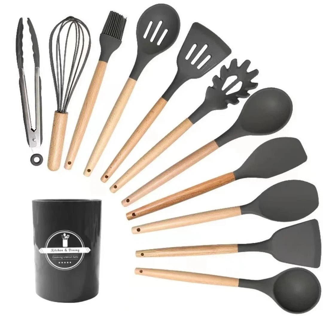 Kitchen Utensil Set Silicon 11Pcs with WoodenHandles Heat Resistant Cooking Tool