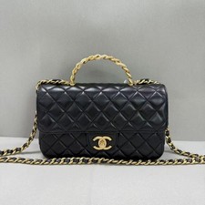 Auth Chanel Classic Flap  Twisted Crystal Top Handle Bag Black Lambskin Gold