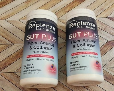 2 New Replenza GLP-1 Support Gut Plus Fiber, Aminos & Collagen Mixed Berry 11/27