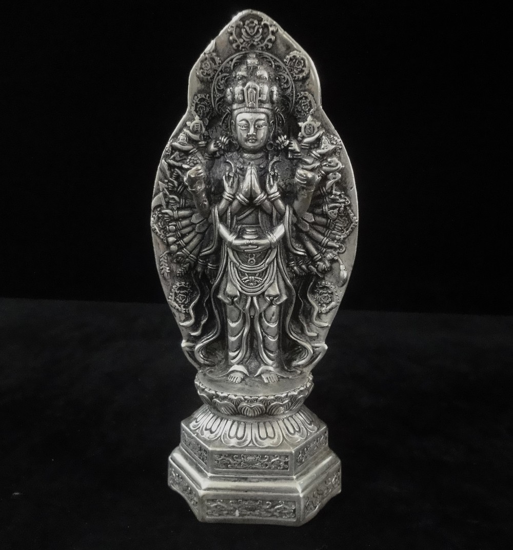 Antique Chinese Silver Bronze Thousand-Hand GuanYin Buddha Statue QianLong Era