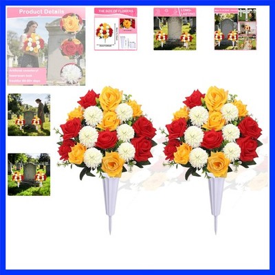 Set of 2 Artificial Bouquet Grave Memorial Flowers with Vase, Realistic Vibra...