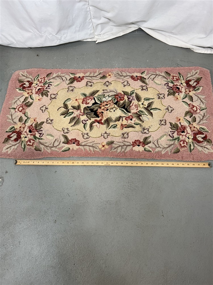 antique rug carpet scatter hooked cotton pink green floral 24x48 original 1940 