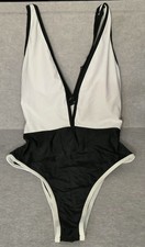 CUPSHE One Piece Swimwear Sz L Womens Black White Colorblock Plunge V Neck NWT