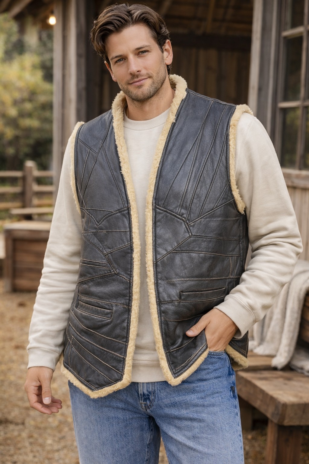 handmade Gray Beige Leather Patchwork Vest Contra… - image 1