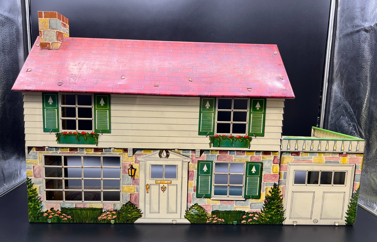 Vintage Marx Tin Litho Two Story Doll House with Garage, Walt