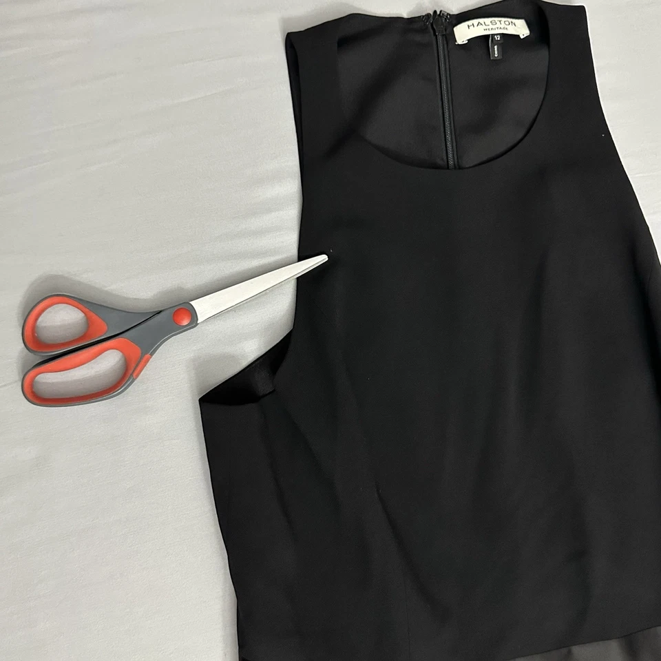 Halston Heritage Dress Womens 12 Black Sleeveless Asymmetrical Midi A-Line Swing - Image 4 of 4