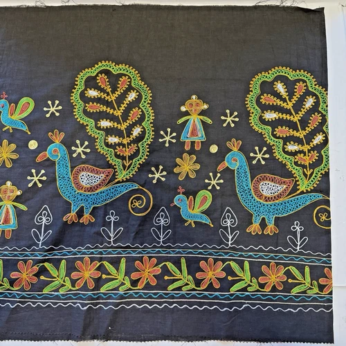 VTG Indian Kutch Embroidered Cotton Fabric PEACOCKS CHILDREN FLOWERS 72 X 28 in - product listing photo