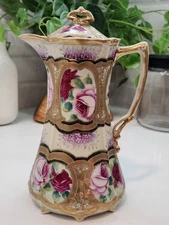 Antique Vtg. Style Gold Trim Hand Painted Pitcher With Lid Pink Purple Flowers