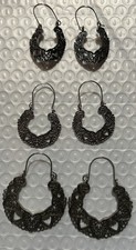 3 Matching Pairs Silver Plated Ornate Design Pattern Embossed Dangle Earrings