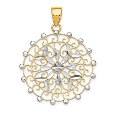 14k Yellow Gold Rhodium Mandala Pendant Diamond-Cut Filigree Floral Medallion