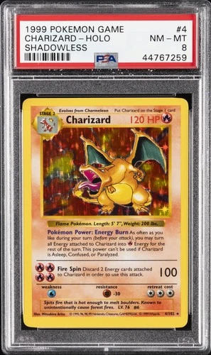 1999 POKEMON BASE SET SHADOWLESS #4 CHARIZARD-HOLO PSA 8