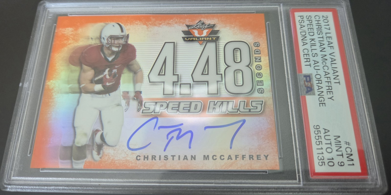 Christian McCaffrey Leaf Valiant Speed Kills Autographs #CM1 Orange