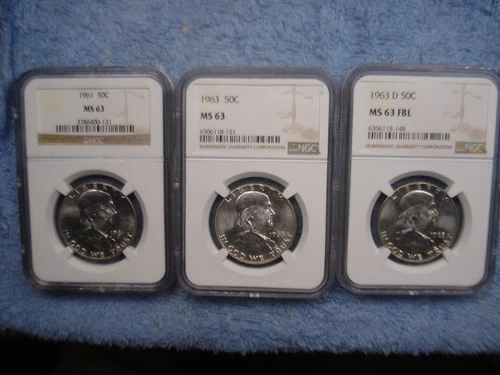 3 NGC SILVER FRANKLIN HALF DOLLARS  :1963D FULL BELL  LINES+1961 MS63+ 1963 MS63