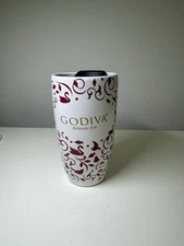 GODIVA Belgium Coffee Hot Cocoa Travel Mug Cup Tall w/ Lid Dark Rose and White 