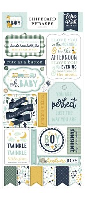 Echo Park Paper IT'S A BOY Baby Shower 6x13 Sheet of Chipboard Phrases