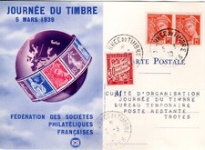 406+ FDC  CARTE MAXIMUM  1er JOUR  JOURNEE  DU  TIMBRE 1939  TROYES