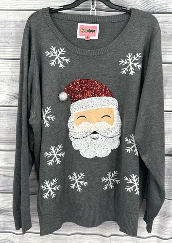 TIPSY ELVES SEQUIN SANTA UGLY CHRISTMAS SWEATER Women's Size XXL GREY NT