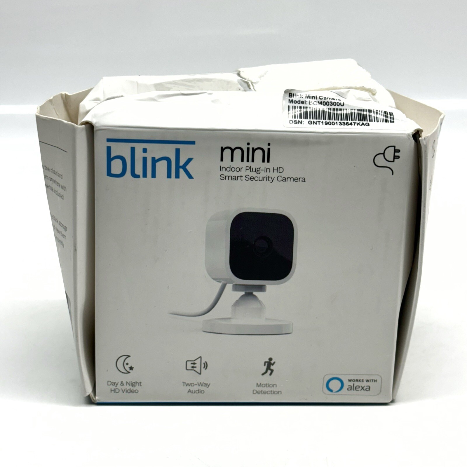 Blink Mini Compact indoor plug-in smart security camera 1080p HD Damaged Box