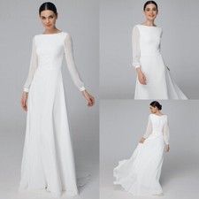 Elegant White Wedding Dresses O-Neck Long Sleeved Sweep Train Satin Bridal Gowns