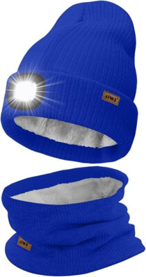 ATNKE LED beleuchtete Beanie Mütze und Schal Anzug, USB wiederaufladbar 4 LED Stirnlicht.