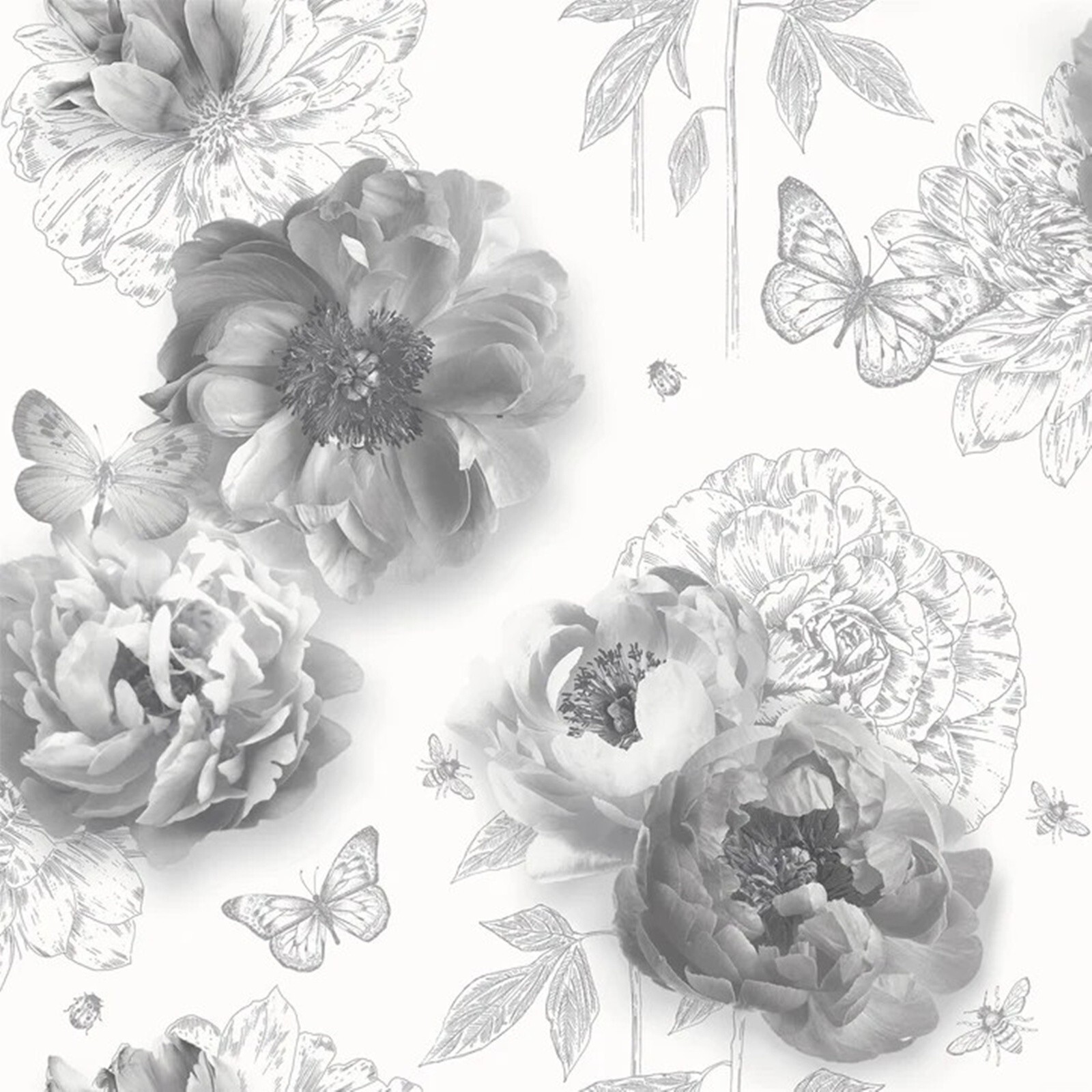 Grey Glitter Floral Wallpaper Butterflies Bees White Vinyl Arthouse Feature Wall
