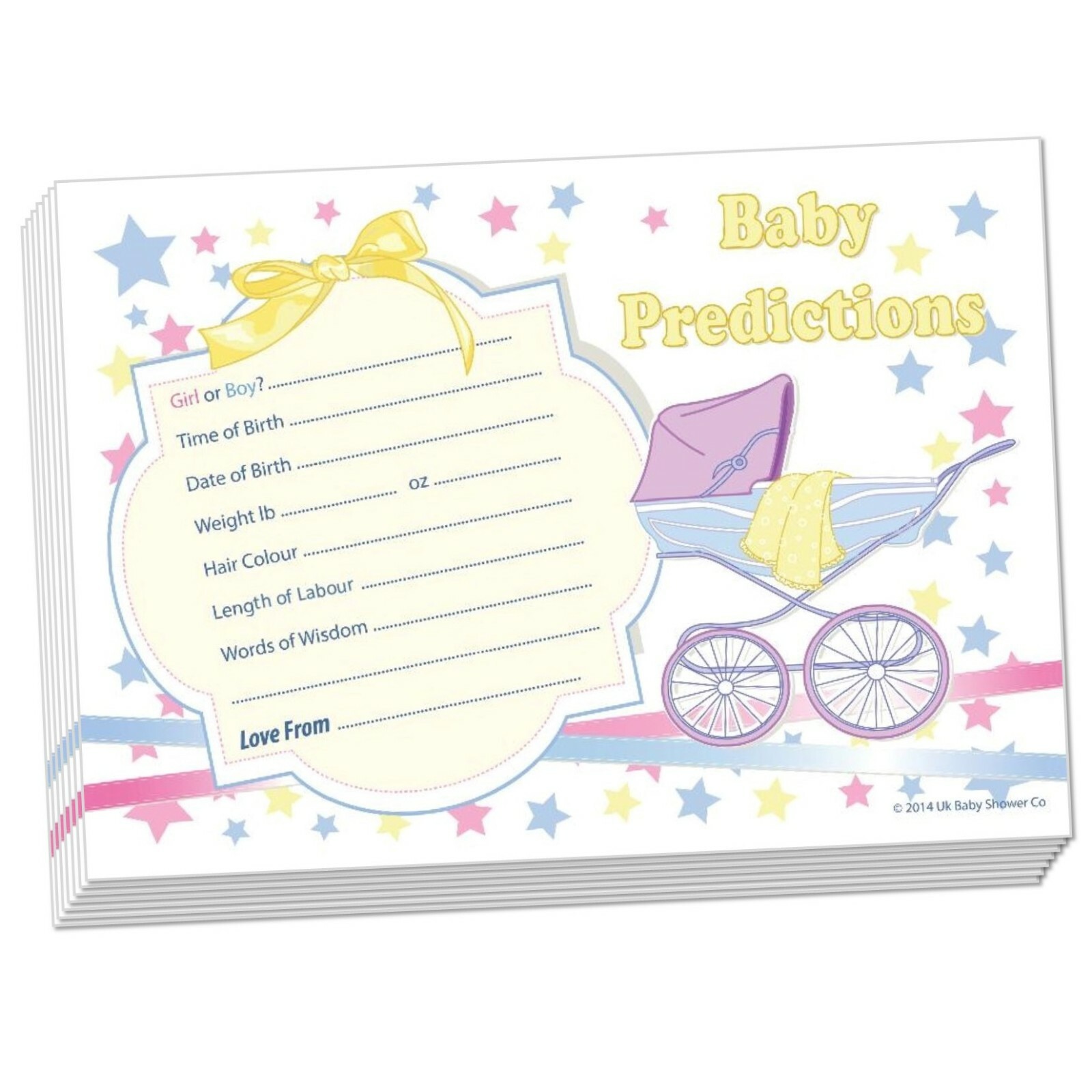 10 PREDICTION CARDS, Yellow Stars, Unisex, Baby Shower, Keepsake Game, Party