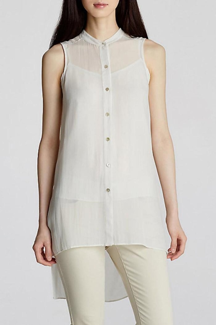 $218 Eileen Fisher Bone Silk Chiffon High Low Mandarin