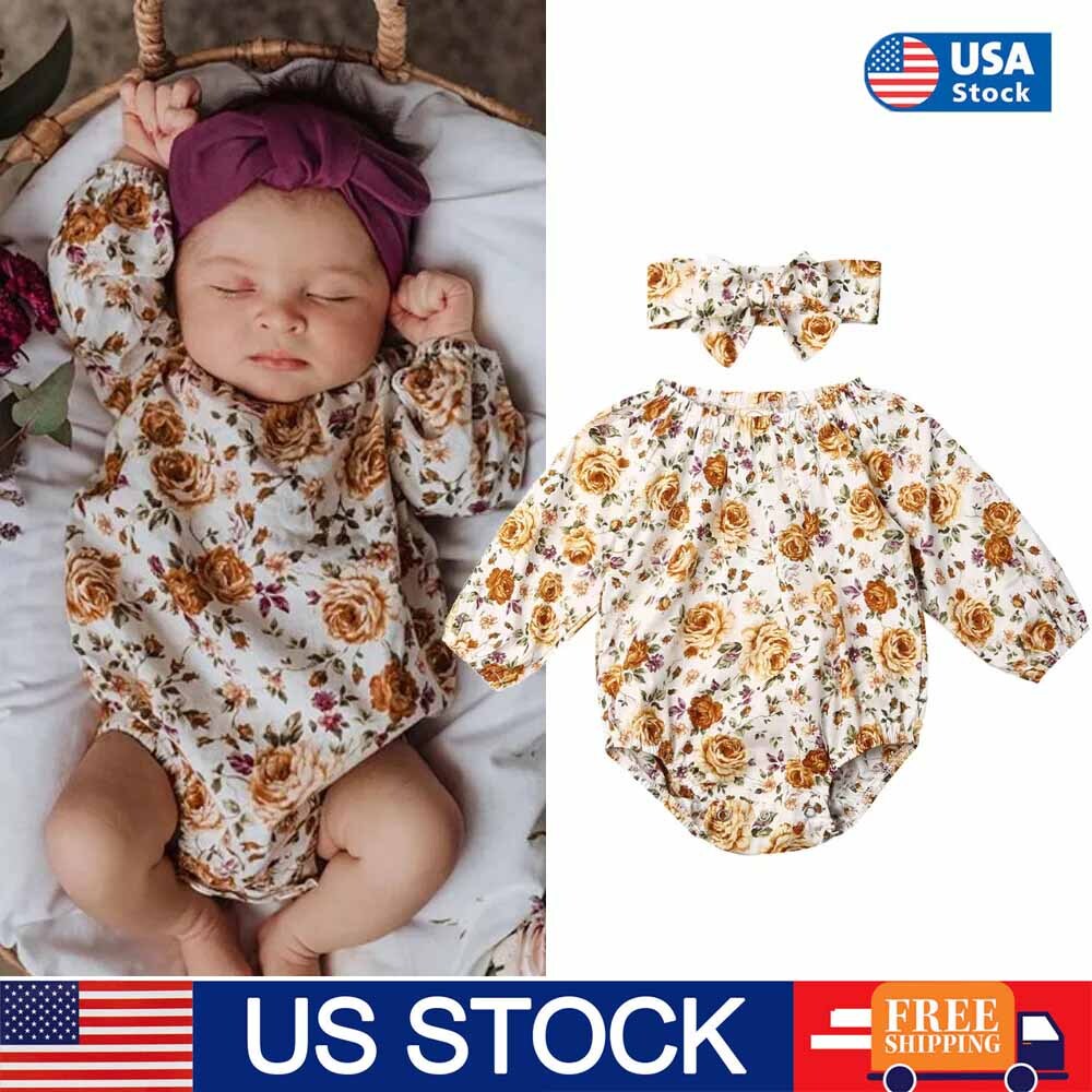 Newborn Baby Girl Clothes Flower Long Sleeve Romper Jumpsuit+Headband Outfit