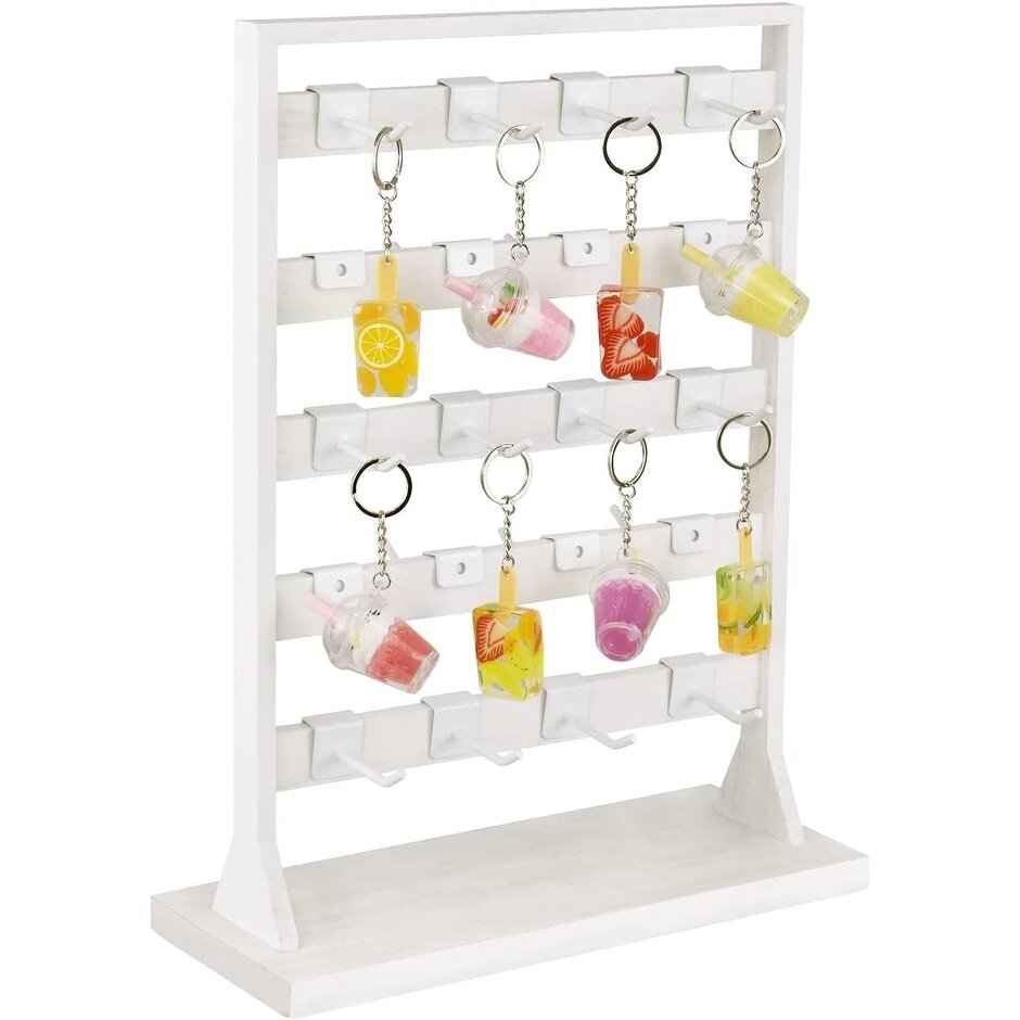 Wooden Jewelry Organizer with 20 White Hooks for Necklaces and Bracelets