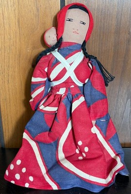 Vintage Volkskunst Stoffpuppe Indianer Mutter und Baby Handarbeit Sammlerstück