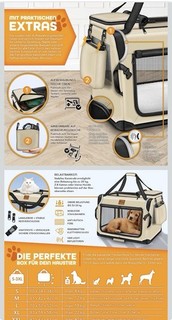 TRESKO Hunde Transportbox faltbar Stahlrahmen Mesh Oxford beige/schwarz