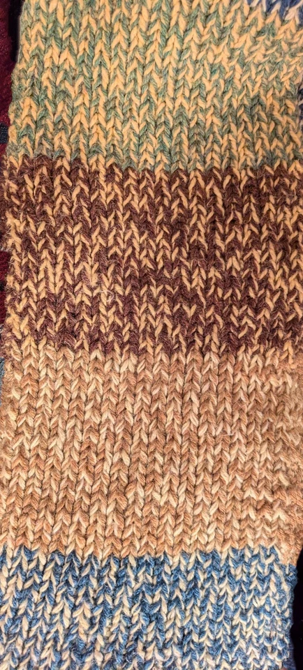 手工制作复古 100% 羊毛 Ragg 羊毛围巾 带边缘 60 英寸 X 11 英寸骆驼/棕色/蓝色/象牙白 — 第 4/4 张图片