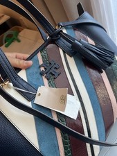 Tory Burch Thea Pieced Leather Slouchy Satchel Handbag/Crossbody Blue Ivory Tote