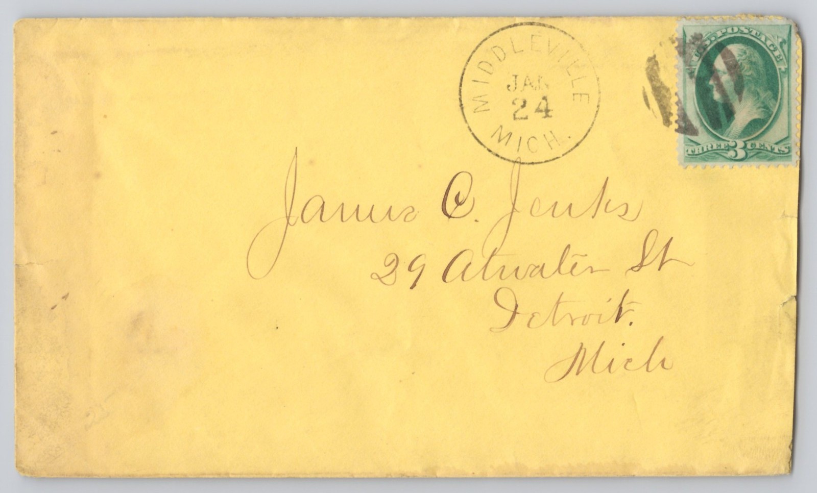 Middleville, Michigan, Circular Date Stamp on Addressed Envelope, 2¢ Washington