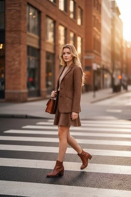 CHAPS Plaid Wool Blend Blazer Skirt Suit Set Women Size 14 Brown